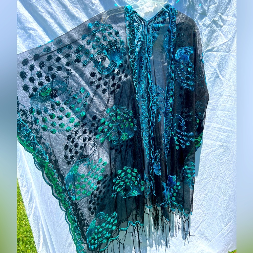 Black mesh kimono with aqua peacock sequins fringe